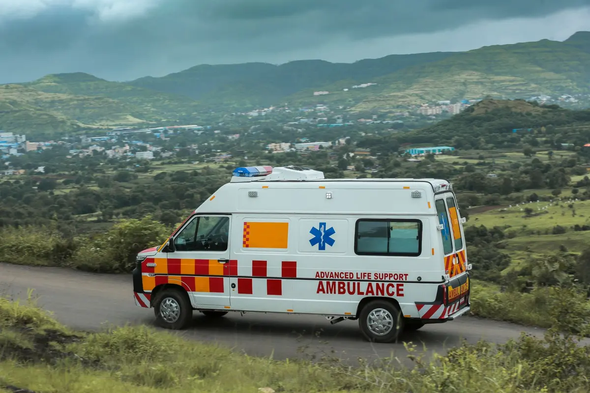 Advanced life support ambulance on a road in India, the fastest way to get a brain stroke patient to hospital