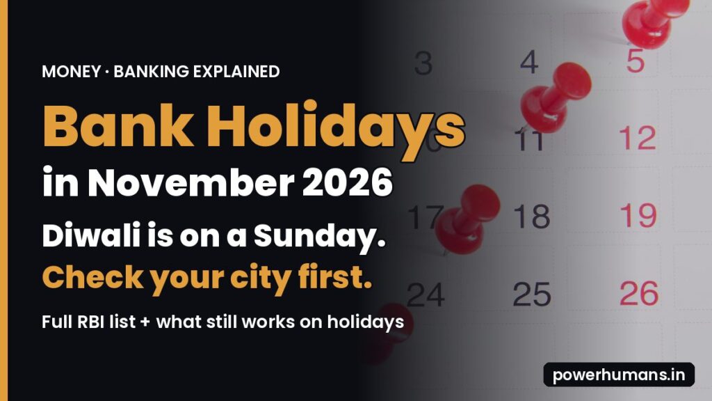 Bank holidays in November 2026: calendar with red pins marking holiday dates, with the hook 'Diwali is on a Sunday. Check your city first.'