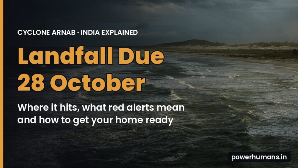 Dark storm clouds over rough sea waves with the text Cyclone Arnab landfall due 28 October