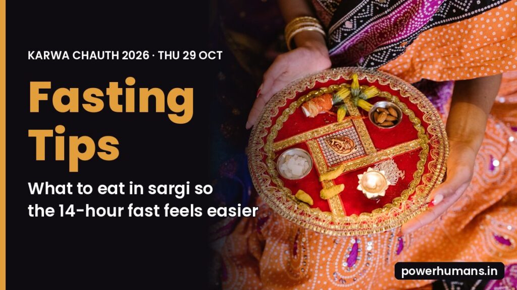 Decorated red and gold Karwa Chauth puja thali with a diya and almonds, with the text Karwa Chauth 2026 fasting tips: what to eat in sargi