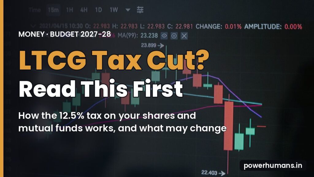 Red and green stock candlestick chart on a dark screen with the text LTCG Tax Cut? Read This First